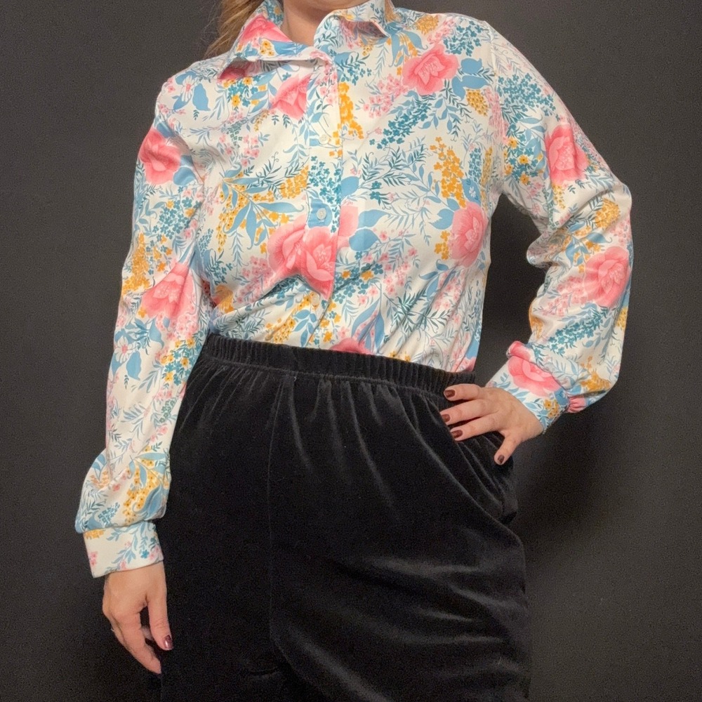 Vtg 70s Prairie Romance Floral Top Buttons Vibrant Pastel Dopamine Maximalist M - Picture 2 of 11